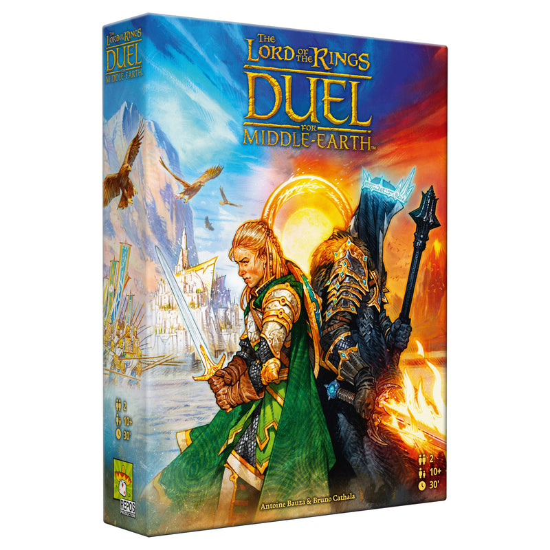 Load image into Gallery viewer, The Lord of the Rings: Duel for Middle-earth Board Game - front of box with illustrations of Lord of the Rings characters.
