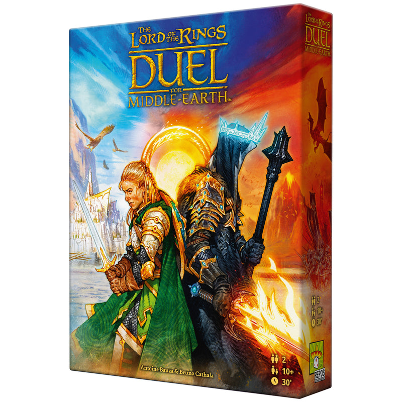 Load image into Gallery viewer, The Lord of the Rings: Duel for Middle-earth Board Game - front of box with illustrations of Lord of the Rings characters.