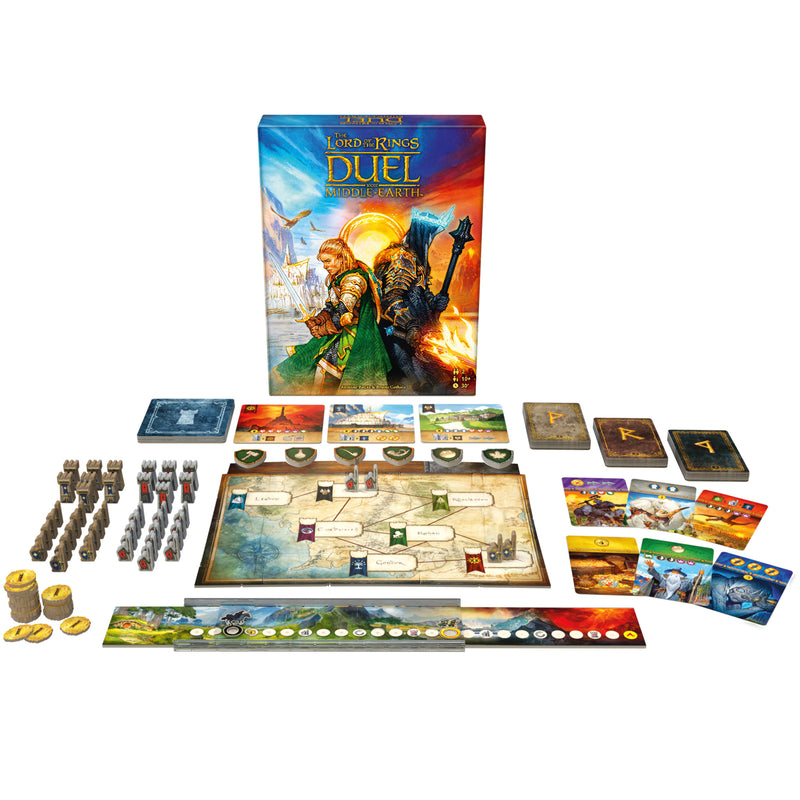 Load image into Gallery viewer, The Lord of the Rings: Duel for Middle-earth Board Game -box and game components displayed including game board, cards, and tokens.