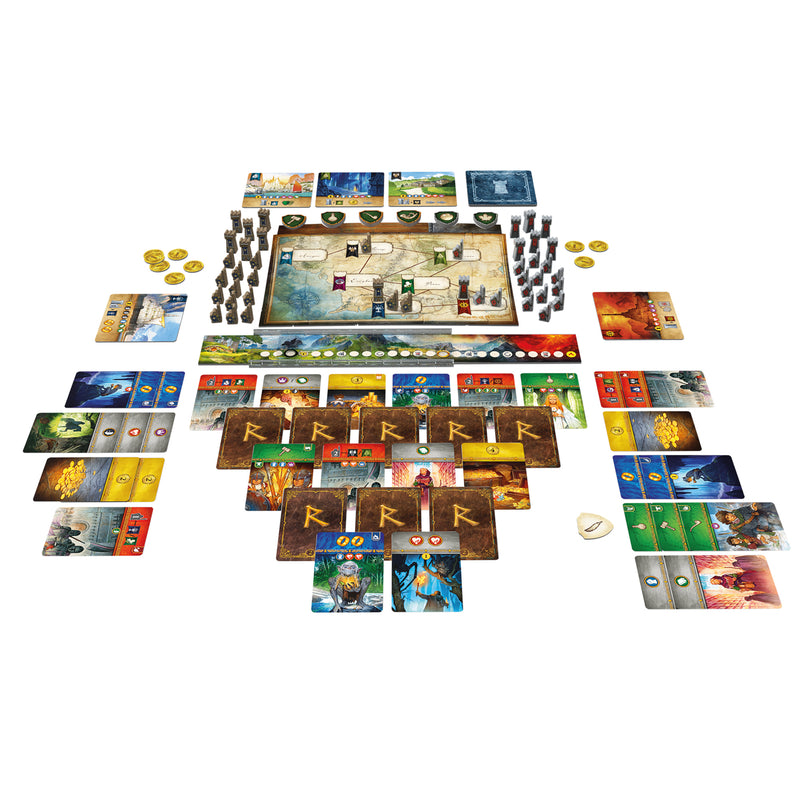 Load image into Gallery viewer, The Lord of the Rings: Duel for Middle-earth Board Game - sample components displayed including game board, coin tokens, and game cards.