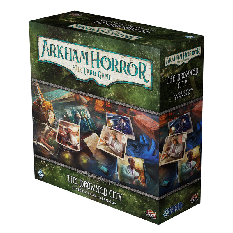 Load image into Gallery viewer, Arkham Horror: The Card Game - The Drowned City Investigator Expansion front of box with illustrations of investigators.