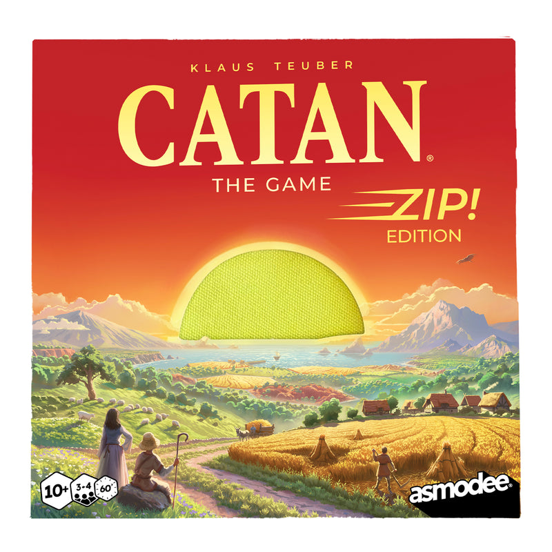 Load image into Gallery viewer, CATAN – Zip! Board Game - front of box featuring art of farmland and setting sun.