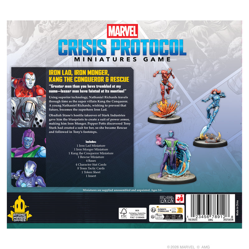 Load image into Gallery viewer, Marvel: Crisis Protocol – Iron Lad, Iron Monger, Kang the Conqueror & Rescue miniatures game expansion back of box with overview and contents list.