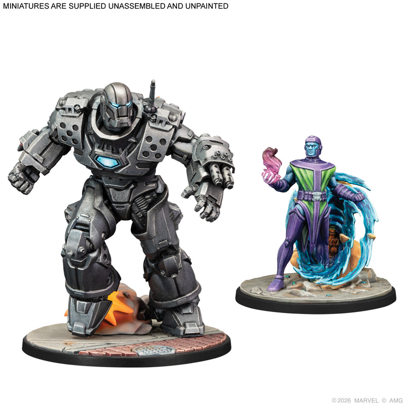 Load image into Gallery viewer, Marvel: Crisis Protocol – Iron Lad, Iron Monger, Kang the Conqueror & Rescue miniatures game expansion Iron Monger and Kang the Conqueror miniatures. Note says miniatures are supplied unassembled and unpainted.