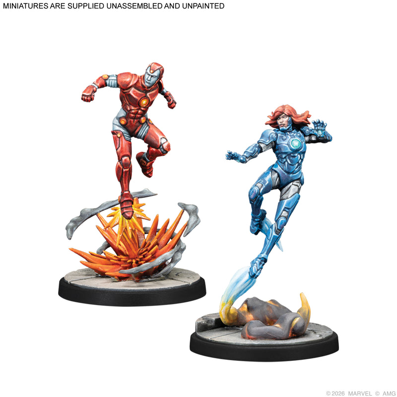 Load image into Gallery viewer, Marvel: Crisis Protocol – Iron Lad, Iron Monger, Kang the Conqueror & Rescue miniatures game expansion Iron Lad and Rescue miniatures. Note says miniatures are supplied unassembled and unpainted.