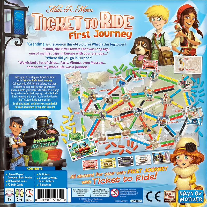 Load image into Gallery viewer, Ticket to Ride: Europe: First Journey board game back of box with game overview and image of game contents including game board and cards.
