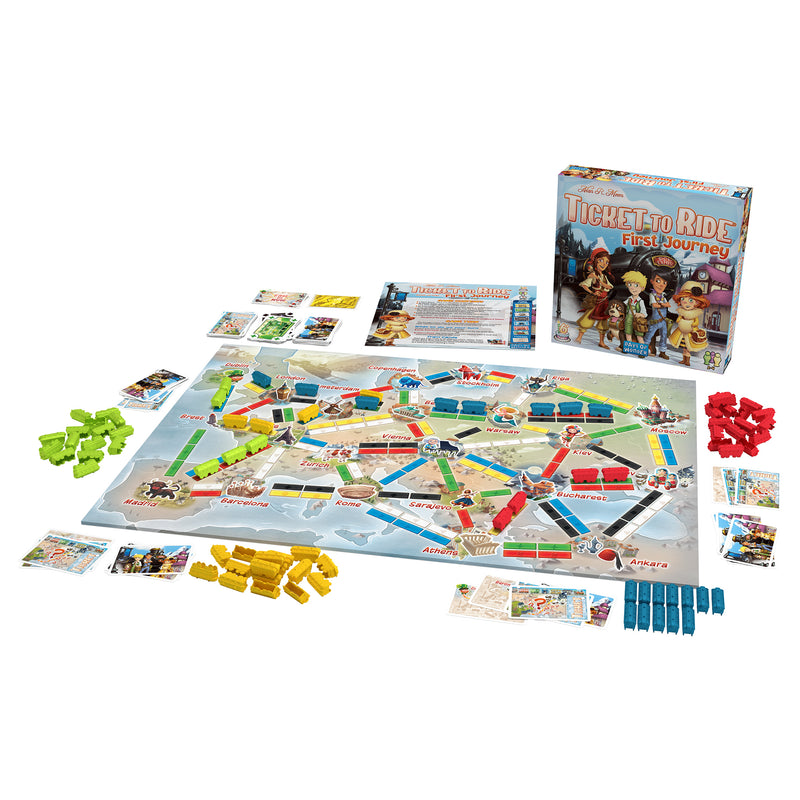 Load image into Gallery viewer, Ticket to Ride: Europe: First Journey board game box and game contents, including game board, train meeples, train cards, and rule book.