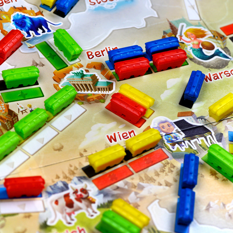 Load image into Gallery viewer, Ticket to Ride: Europe: First Journey board game contents including close up of game board and train meeples.