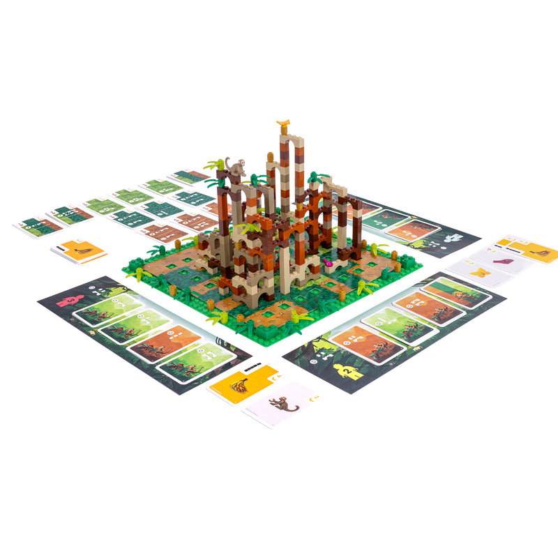 Load image into Gallery viewer, Monkey Palace Board Game components including lego tower, lego monkeys, game board, and game cards.
