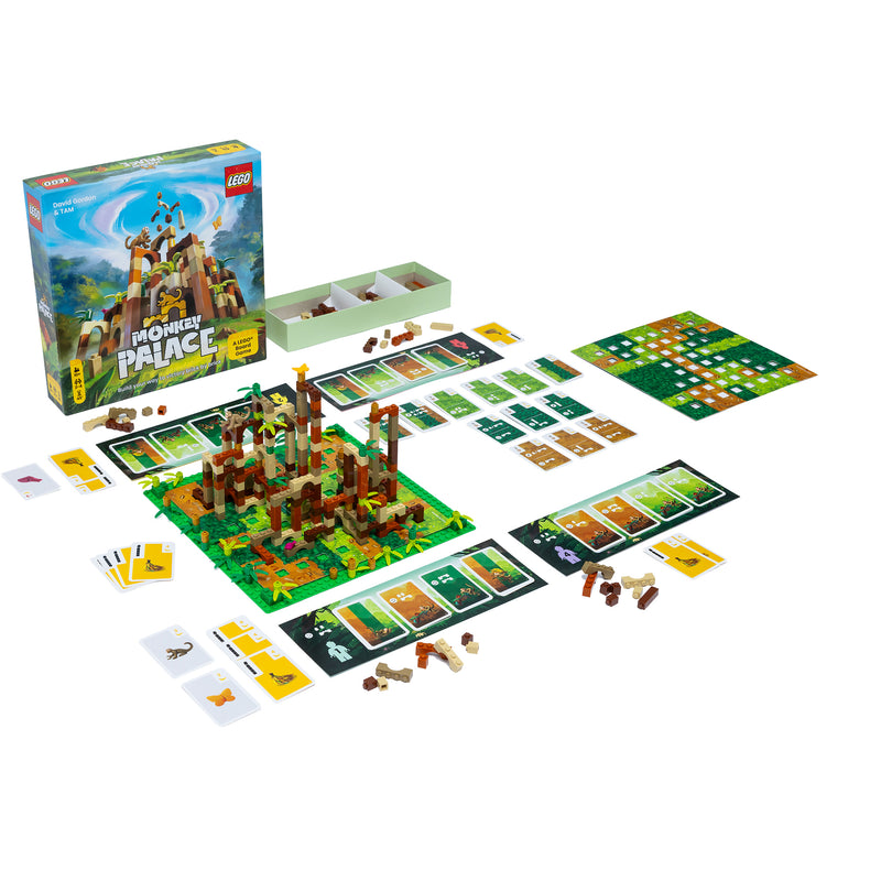 Load image into Gallery viewer, Monkey Palace Board Game box and contents displayed including game board, legos, and game cards.