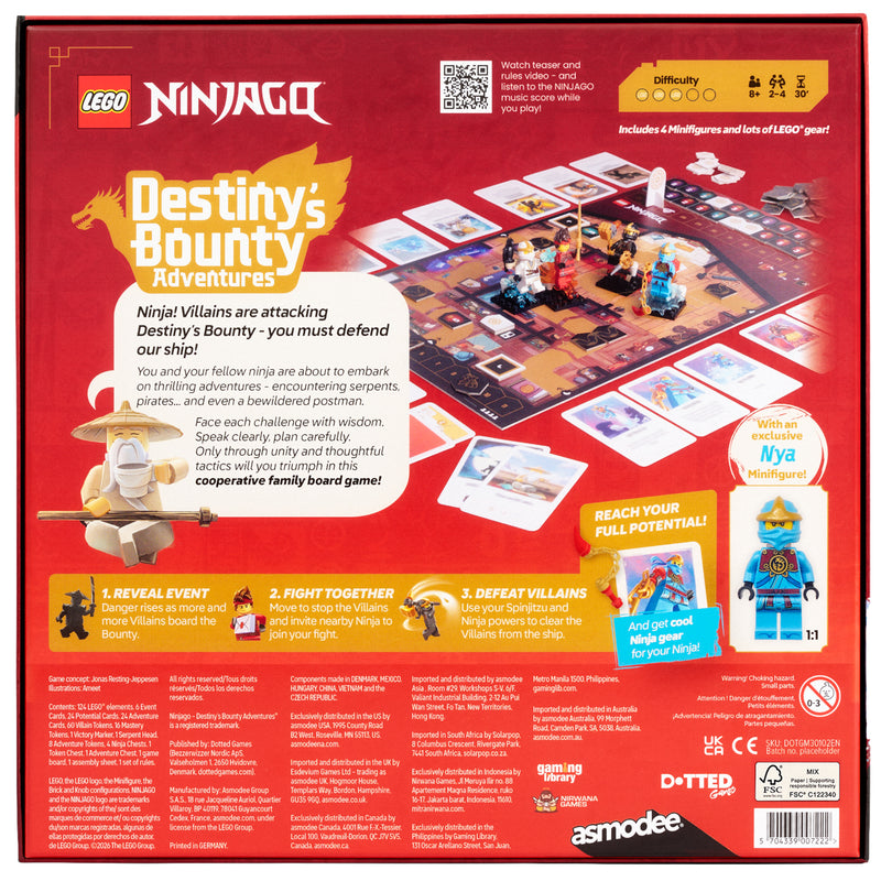 Load image into Gallery viewer, LEGO Ninjago Destiny's Bounty Adventures Board Game - back of box with overview, images of game components, and QR code linking to teaser and rules video. Box indicates it is for ages 8+ and 2 to 4 players.