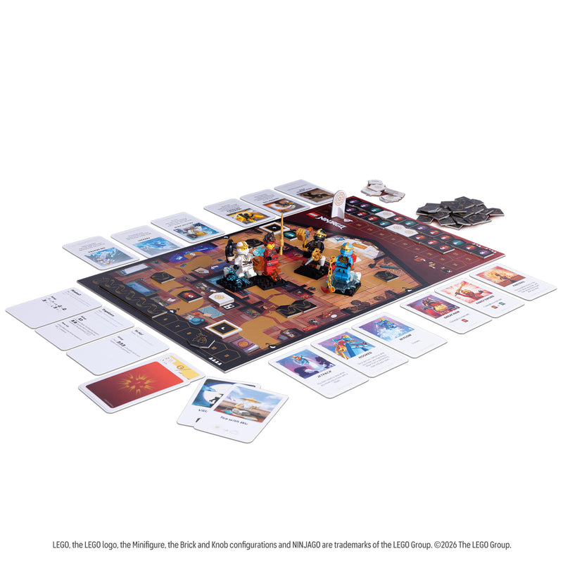 Load image into Gallery viewer, LEGO Ninjago Destiny's Bounty Adventures Board Game - setup game displayed including game board, LEGO ninjas, game cards, and tokens.