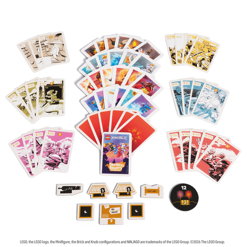 Load image into Gallery viewer, LEGO Ninjago Destiny's Bounty Adventures Board Game - sample components shown including game cards and tokens.