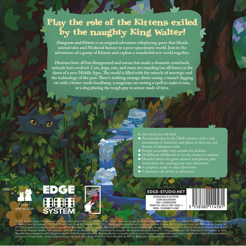 Load image into Gallery viewer, Back cover of 'Dungeons & Kittens' with fantasy-themed text and illustrations, featuring cats and a forest landscape.