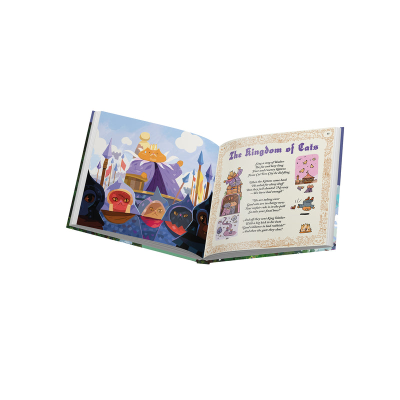 Load image into Gallery viewer, Open book with colorful illustrations of a cat wearing a crown on a white background