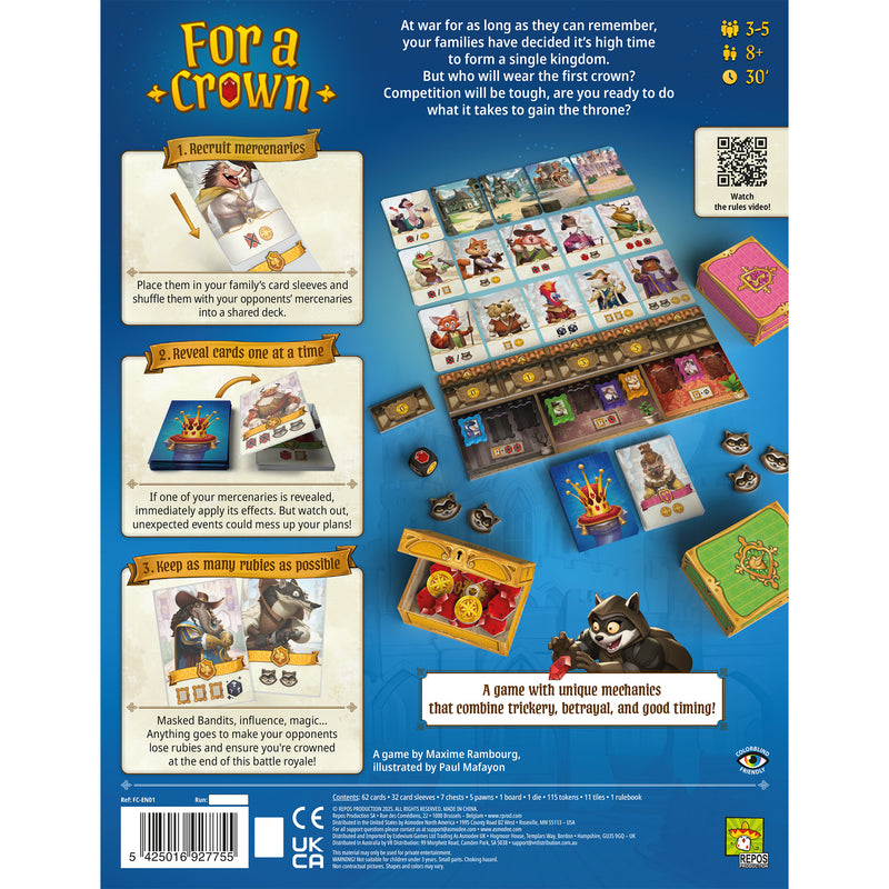 Load image into Gallery viewer, For A Crown Board Game - back of box with overview, images of game components, and QR code linking to how to play video.
