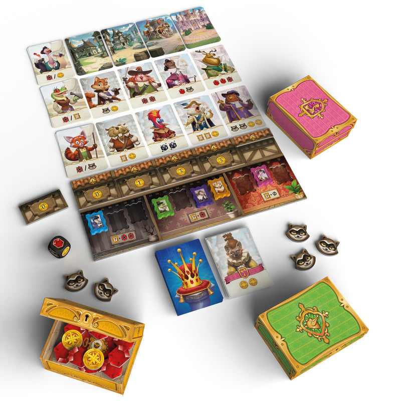 Load image into Gallery viewer, For A Crown Board Game - sample components displayed including character cards, crown card, and tokens.