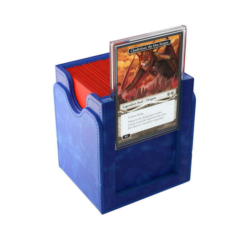 Load image into Gallery viewer, Squire Plus 100+ XL Convertible Blue - view of side of open box filled with sample cards and showing sample card in slide card case.