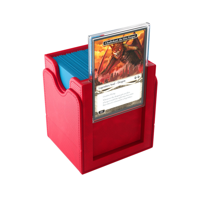 Load image into Gallery viewer, Squire Plus 100+ XL Convertible Red - view of side of open box filled with sample cards and showing sample card in slide card case.