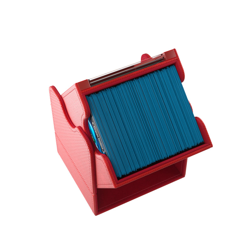 Load image into Gallery viewer, Squire Plus 100+ XL Convertible Red - view of deck open deck box filled with sample sleeved cards.