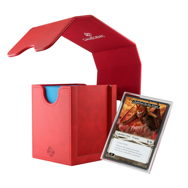 Load image into Gallery viewer, Squire Plus 100+ XL Convertible Red - view of side of open box filled with sample cards and showing sample card in slide card case.