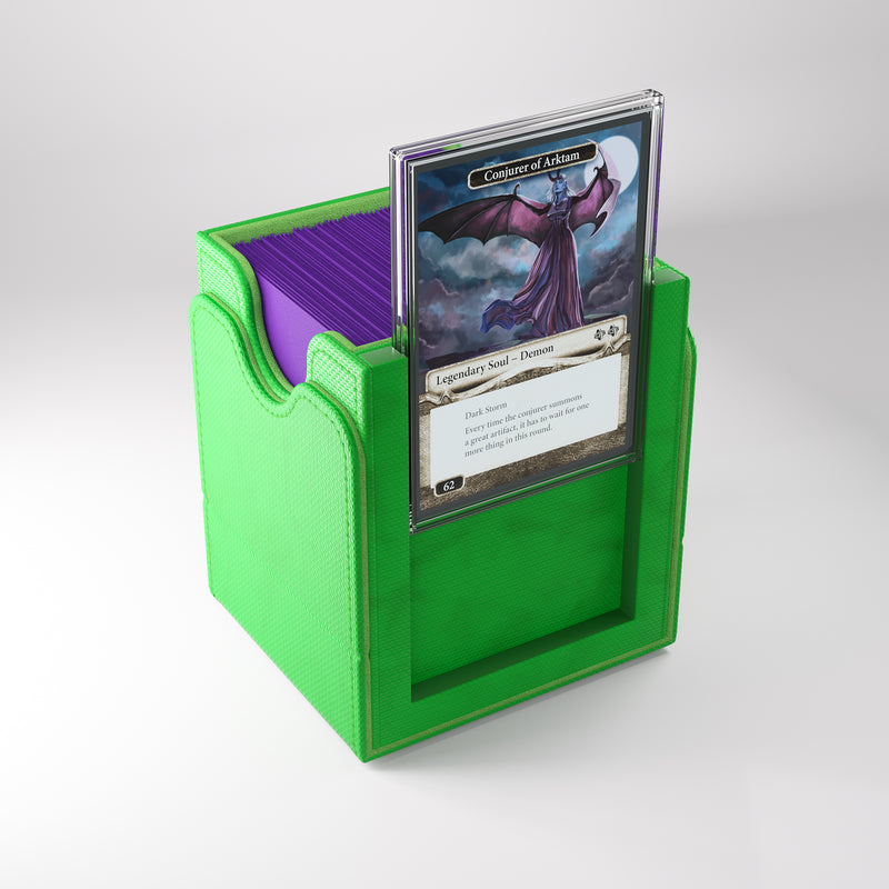 Load image into Gallery viewer, Squire Plus 100+ XL Convertible Green - view of side of open box filled with sample cards and showing sample card in slide card case.