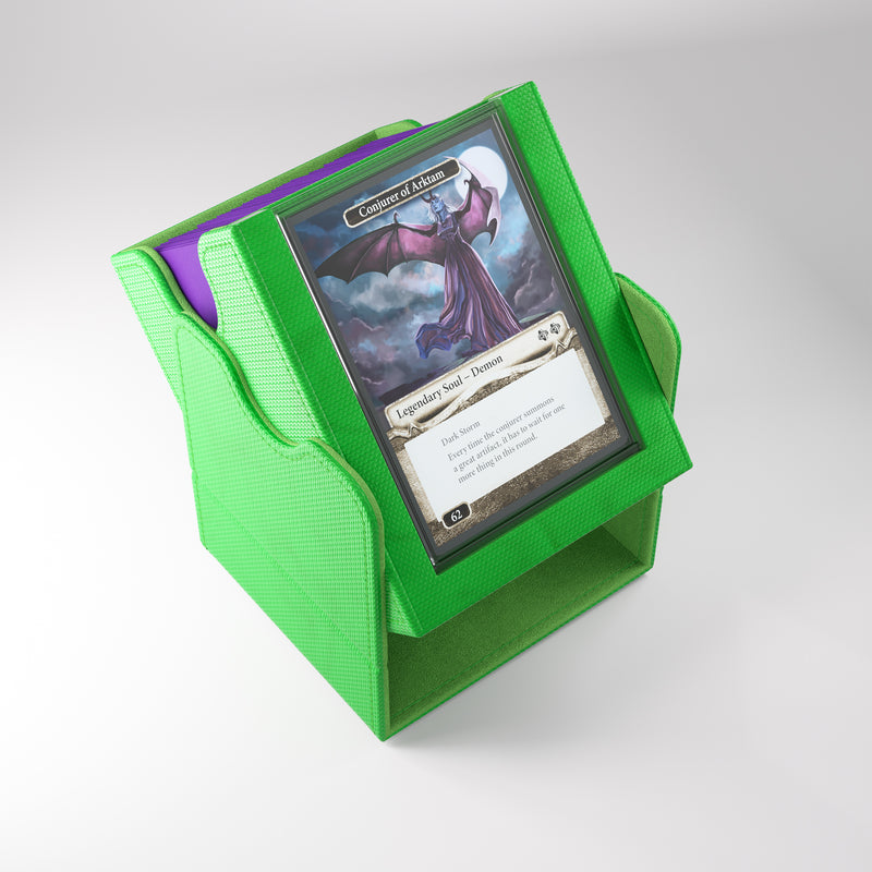 Load image into Gallery viewer, Squire Plus 100+ XL Convertible Green - view of deck open deck box filled with sample sleeved cards and showing sample card in slide card case on the side of the box.
