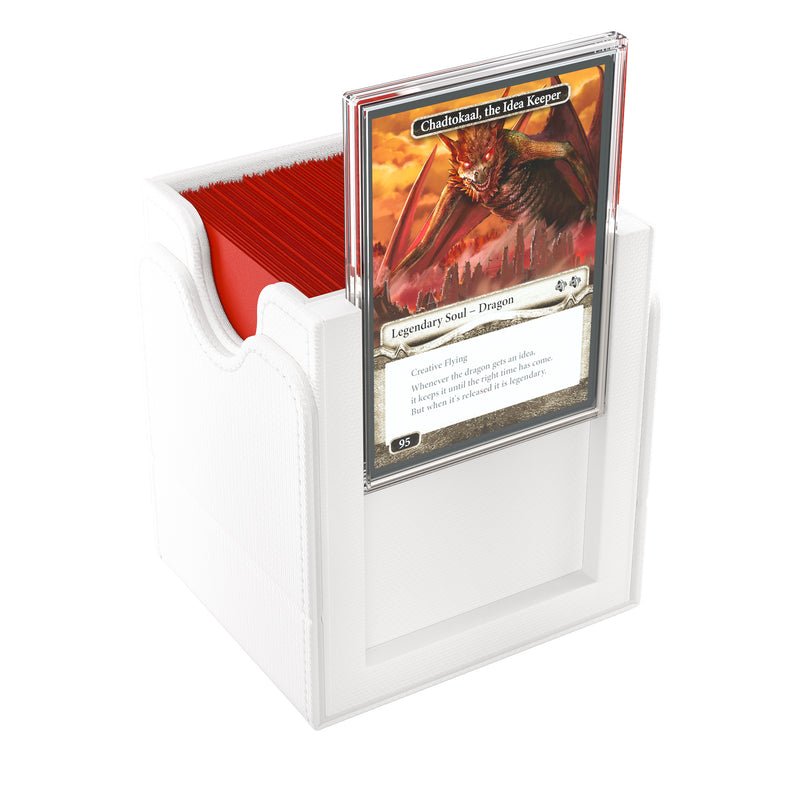 Load image into Gallery viewer, Squire Plus 100+ XL Convertible White - view of open deck box filled with sample sleeved cards and slide card case on the side of the deck box with a sample card inside.