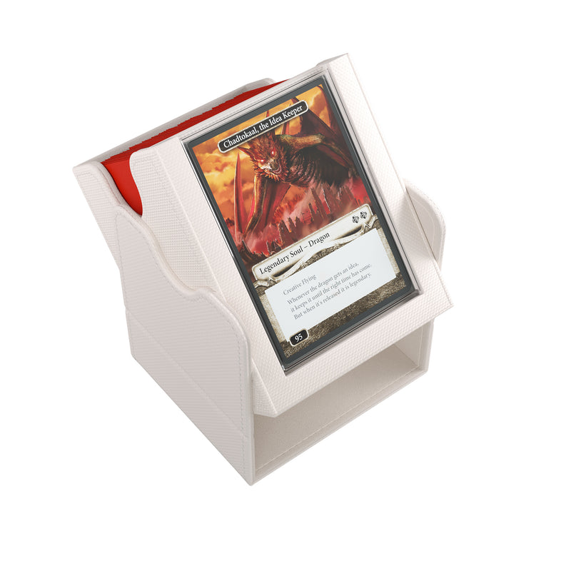 Load image into Gallery viewer, Squire Plus 100+ XL Convertible White - view of deck box inside detachable like with sample cards inside deck box and slide card case.