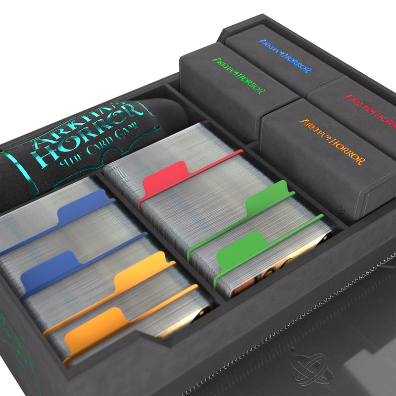 Load image into Gallery viewer, Image of open Arkham Horror: Game Night Chest filled with cards and game components