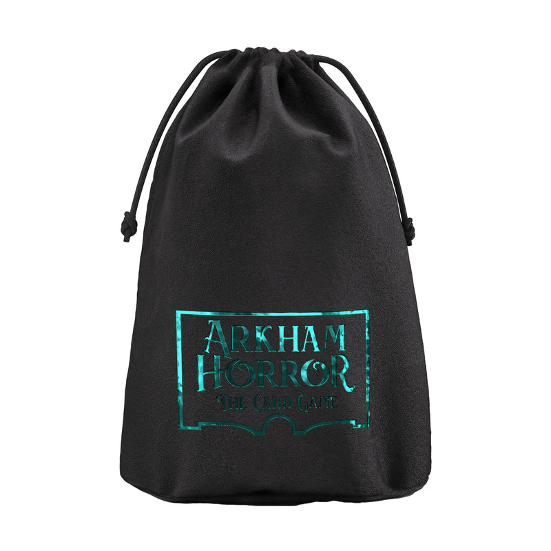 Load image into Gallery viewer, Image of front of Arkham Horror: Token Bag with 'Arkham Horror' logo on black drawstring bag