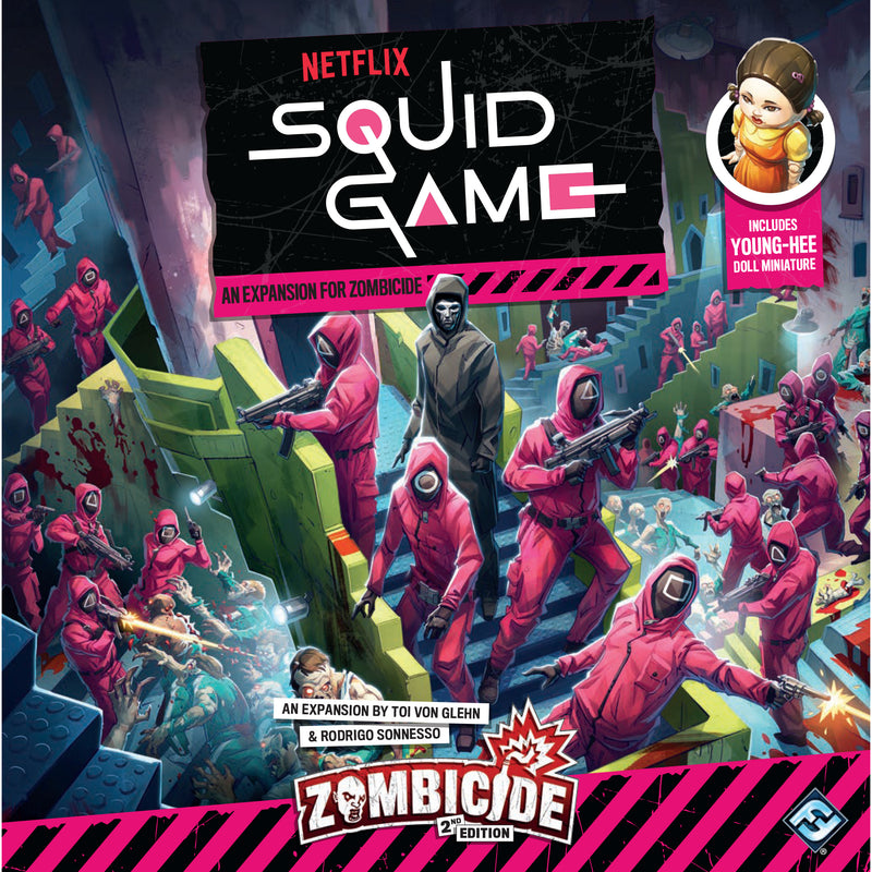 Load image into Gallery viewer, Zombicide Squid Game Expansion - Front of box with art of squid game guards fighting zombies and note that it includes Young-Hee Doll miniature.