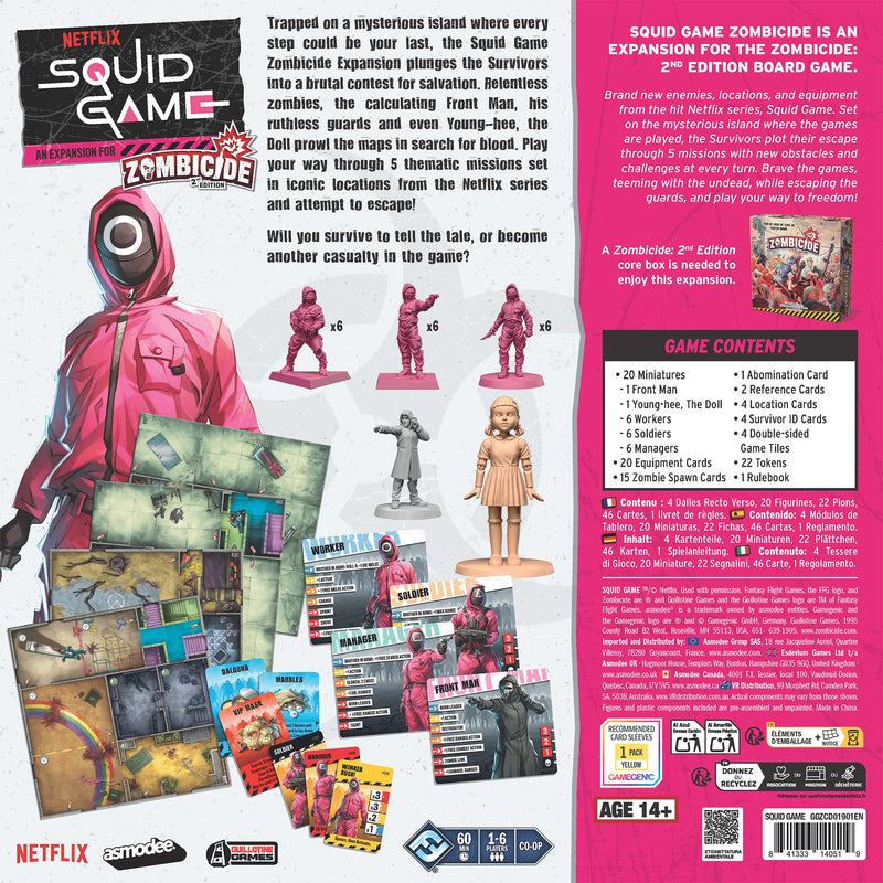 Load image into Gallery viewer, Zombicide Squid Game Expansion - Back of box with game overview, game contents list, and images of miniatures, cards, and tiles. Box indicates it is for ages 14+ and 1 to 6 players.