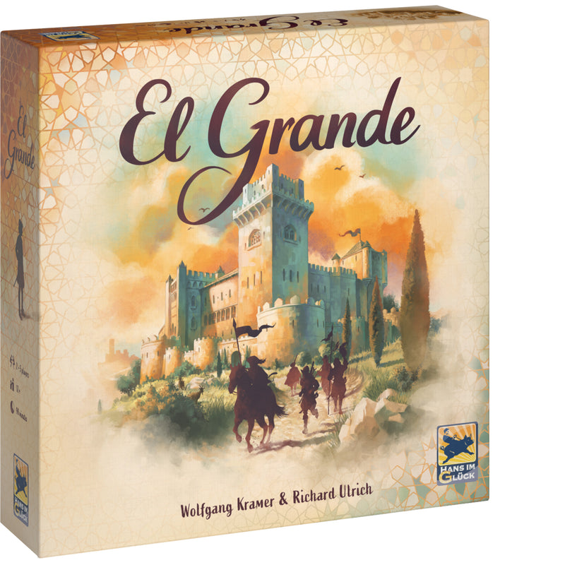 Load image into Gallery viewer, Board game box cover for 'El Grande' featuring an illustration of a castle and figures on horseback against a scenic background.