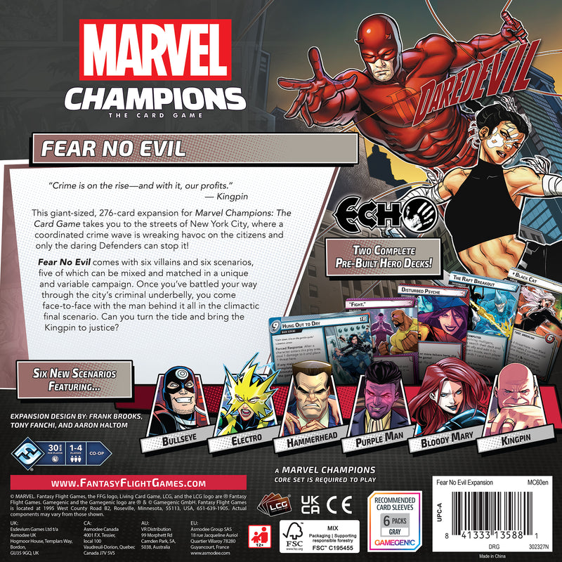 Load image into Gallery viewer, Marvel Champions: The Card Game - Fear No Evil Expansion - back of box with overview, and images of sample components.