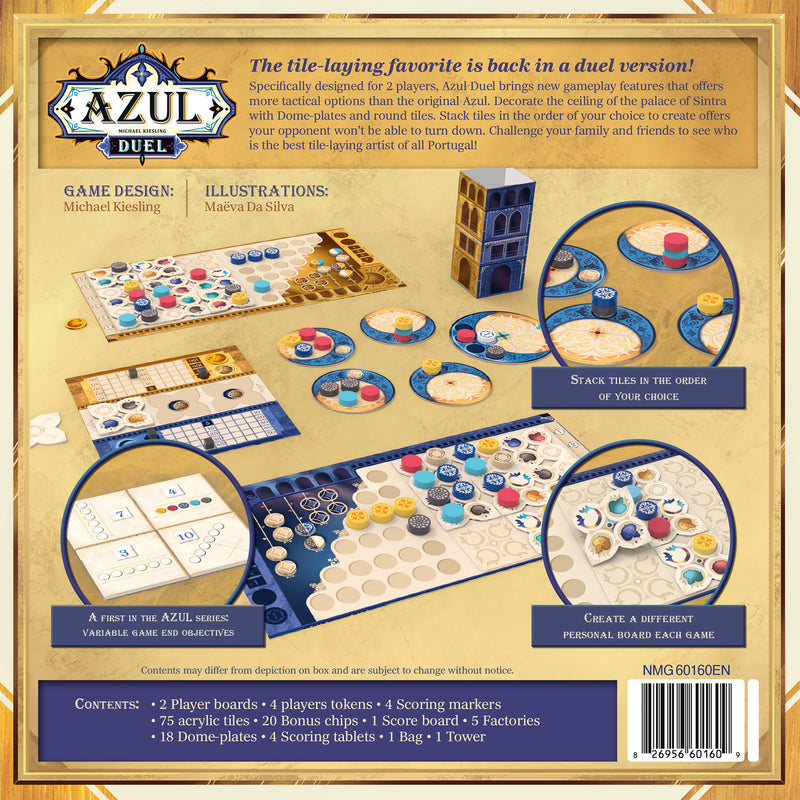 Load image into Gallery viewer, Azul Duel Board Game - back of box with overview, contents list, and images of sample game components.
