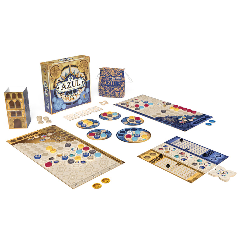 Load image into Gallery viewer, Azul Duel Board Game - box and contents displayed including player boards, acrylic tiles, scoring tablets, cloth draw-string bag, and tower.
