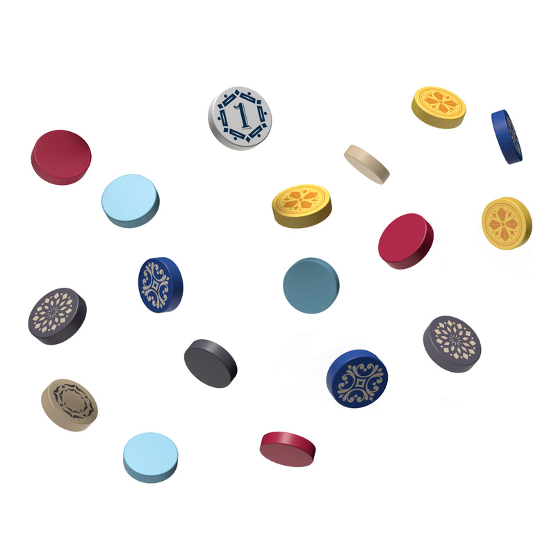 Load image into Gallery viewer, Azul Duel Board Game - sample acrylic tiles shown with various colors and patters.