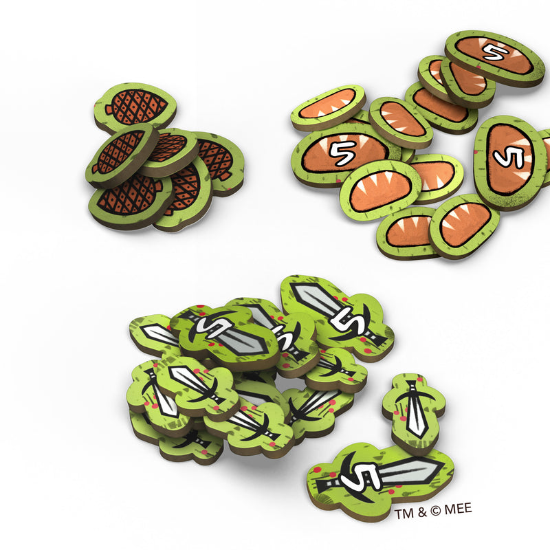 Load image into Gallery viewer, The Hobbit: There and Back Again Card Game - view of game tokens including sword tokens, bread tokens, and pinecone tokens.
