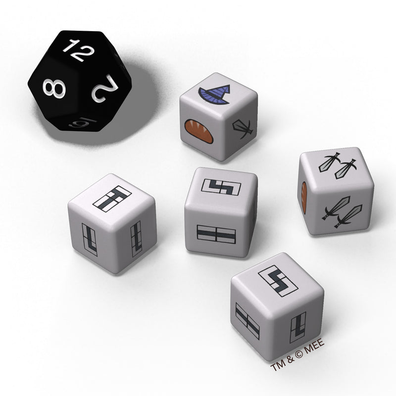Load image into Gallery viewer, The Hobbit: There and Back Again Card Game - view of game dice including one d12 die, and five dice d6 dice with custom icons.