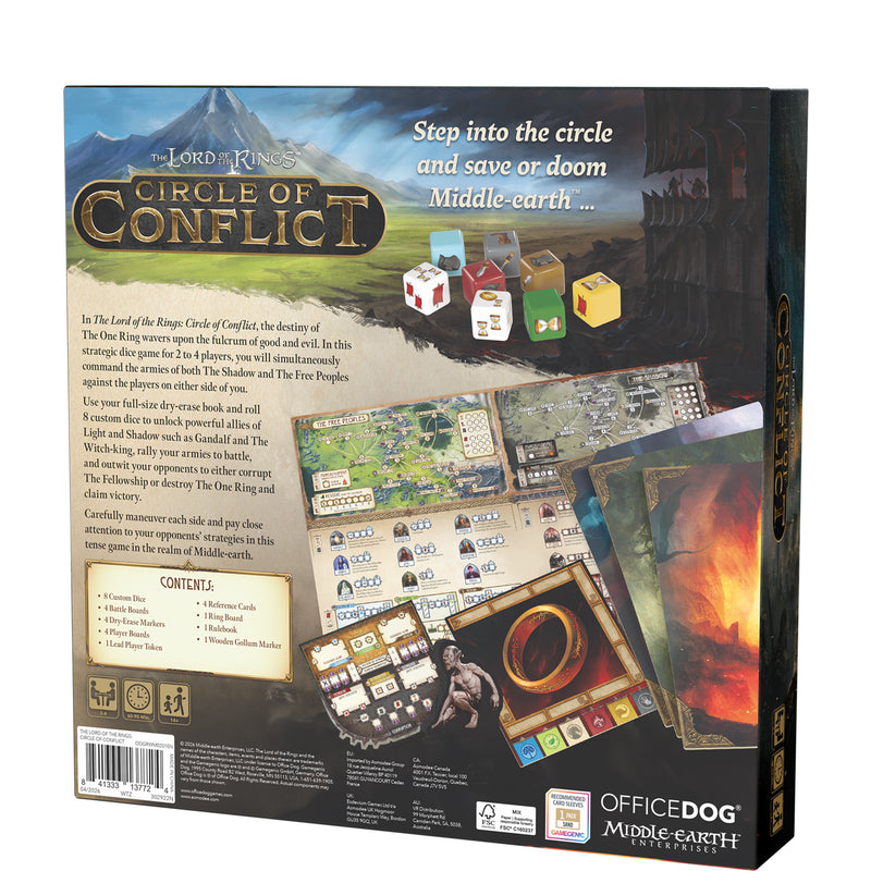 Load image into Gallery viewer, Image of back of board game box for 'Circle of Conflict' with game description and images of game components