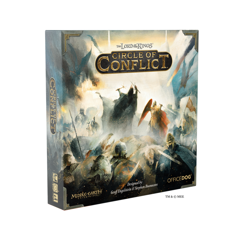 Load image into Gallery viewer, Image of board game box for 'The Lord of the Rings: Circle of Conflict' featuring illustrations of soldiers fighting