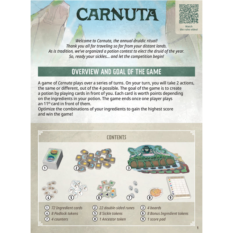 Load image into Gallery viewer, Back of game box for 'Carnuta' with game components and overview text.