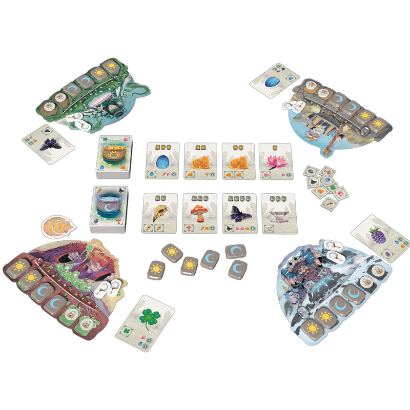 Load image into Gallery viewer, Board game components for Carnuta including cards and character boards on a white background