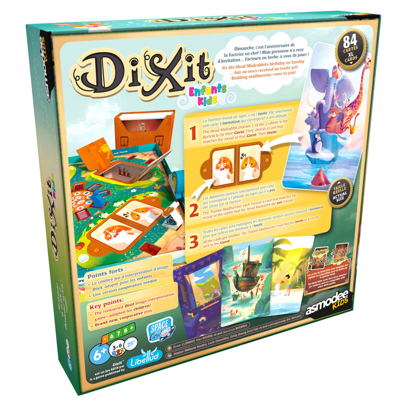 Load image into Gallery viewer, Dixit Kids Board Game - back of box with game overview in English and French, and images of sample components.
