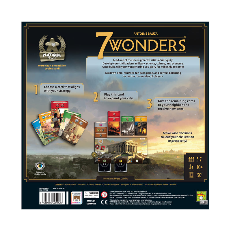 Load image into Gallery viewer, 7 Wonders New Edition Board Game back of box with overview and images of contents including cards and wonders board.