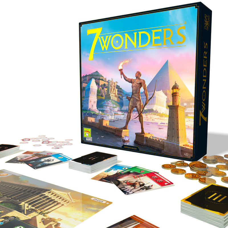 Load image into Gallery viewer, 7 Wonders New Edition Board Game game box and contents displayed including cards, wonder board, and money tokens.