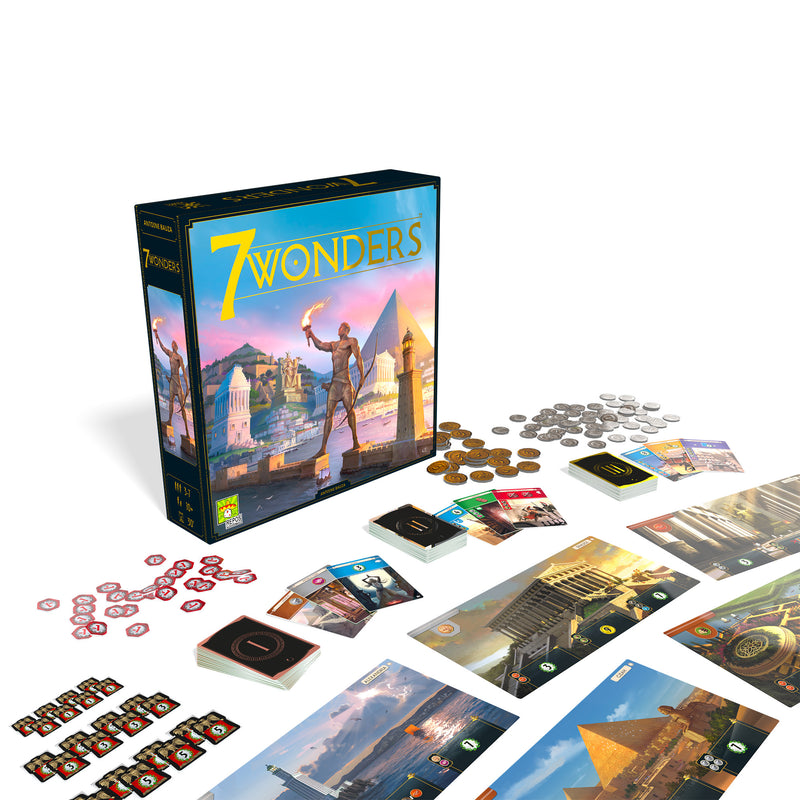 Load image into Gallery viewer, 7 Wonders New Edition Board Game game box and contents displayed including cards, wonder board, and money tokens.