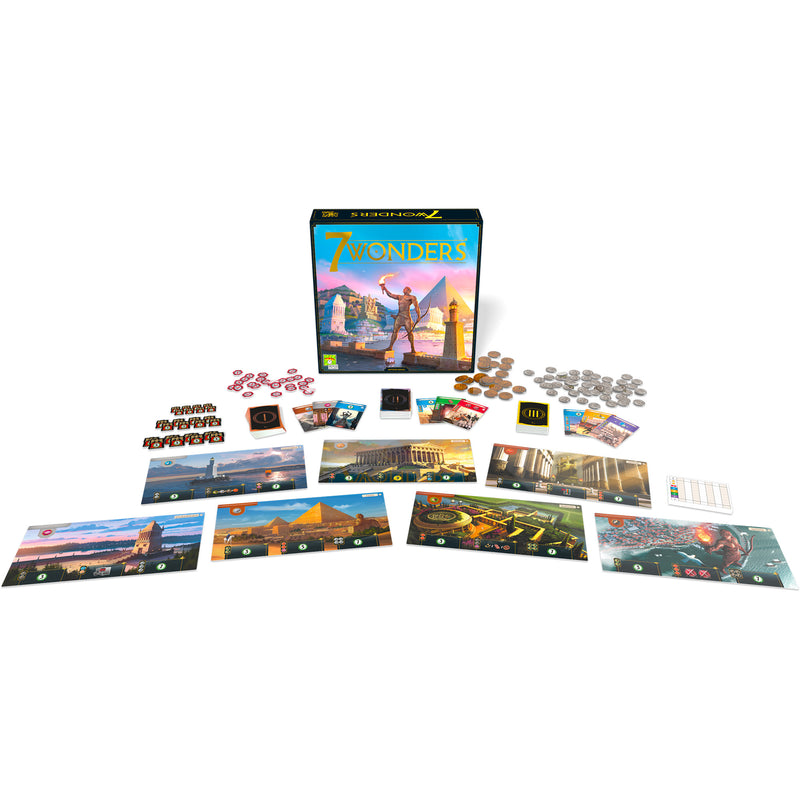 Load image into Gallery viewer, 7 Wonders New Edition Board Game game box and contents displayed including cards, wonder board, and money tokens.