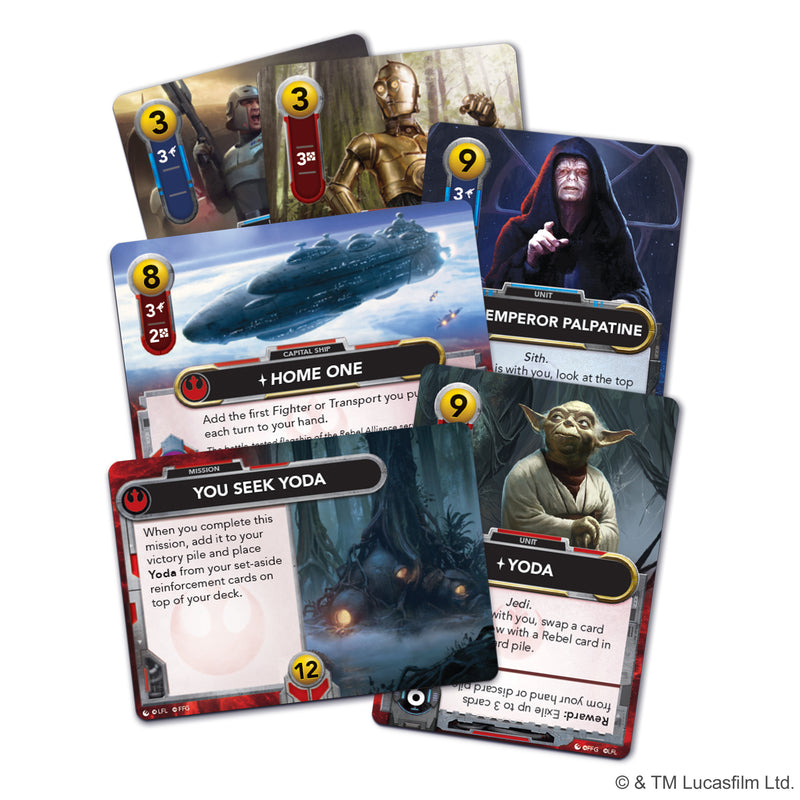 Load image into Gallery viewer, Star Wars: The Deckbuilding Game – Rebel & Empire Reinforcements Expansion - view of sample cards with different costs and abilities including 'You seek Yoda' and 'Yoda' cards.